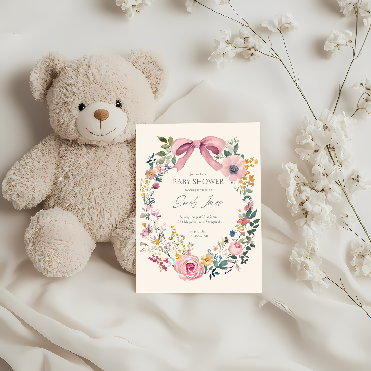 Baby Shower Invitation - Vintage Florals with Pink Bow BS71
