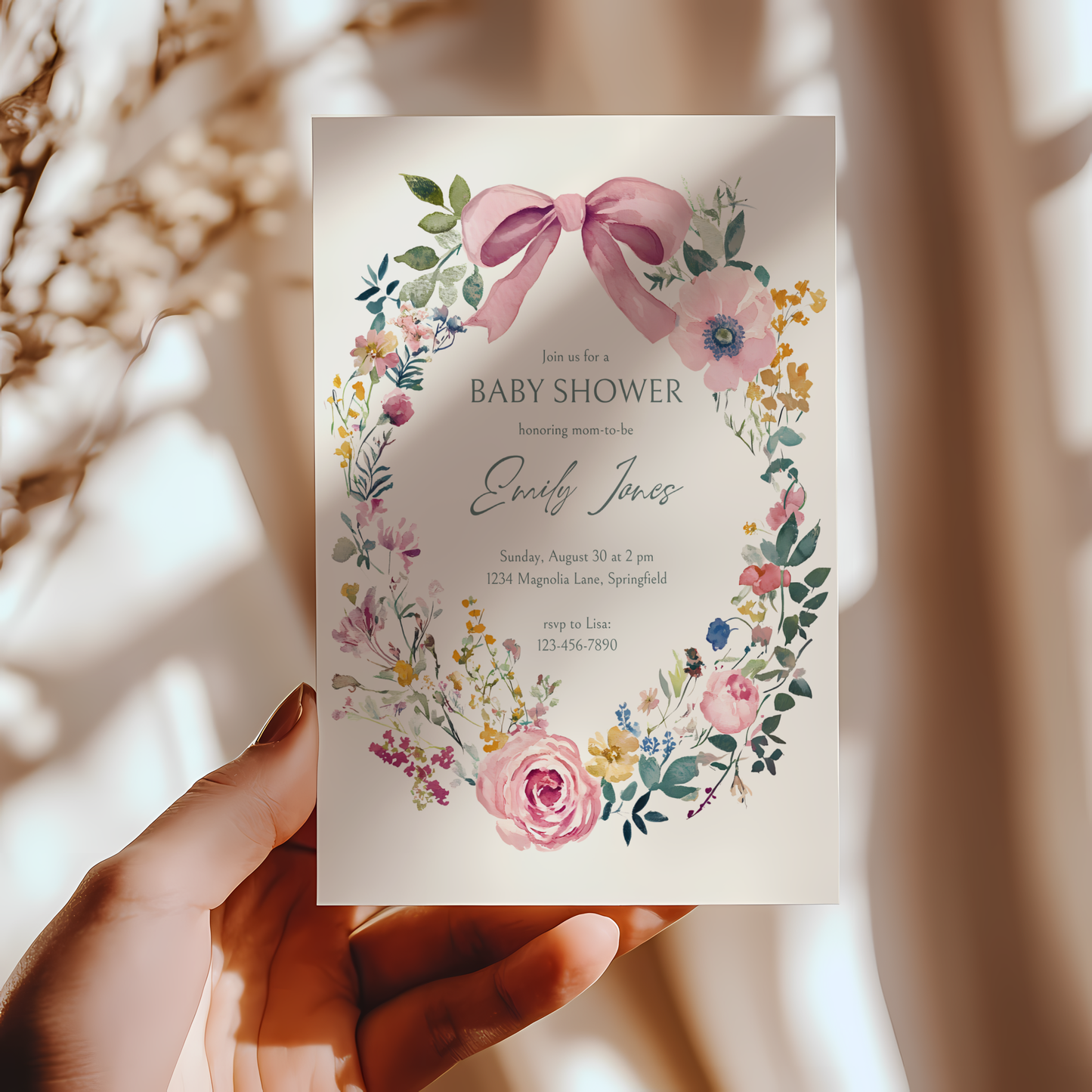 Baby Shower Invitation - Vintage Florals with Pink Bow BS71