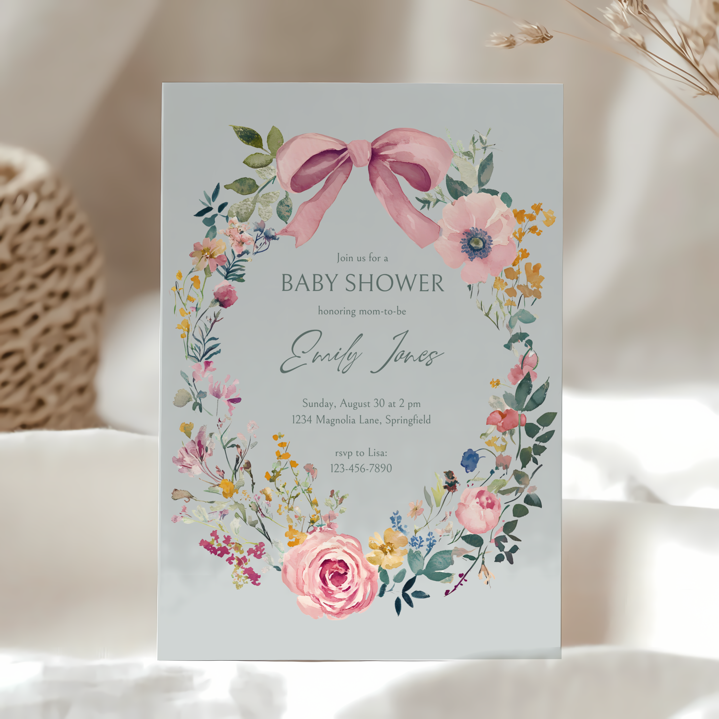 Baby Shower Invitation - Vintage Florals with Pink Bow BS71