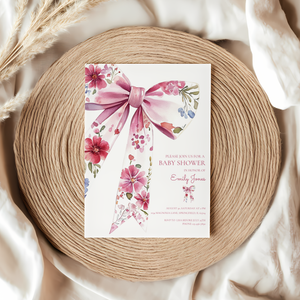 Baby Shower Invitation - Floral Bow Wildflower Watercolor Coquette BS78