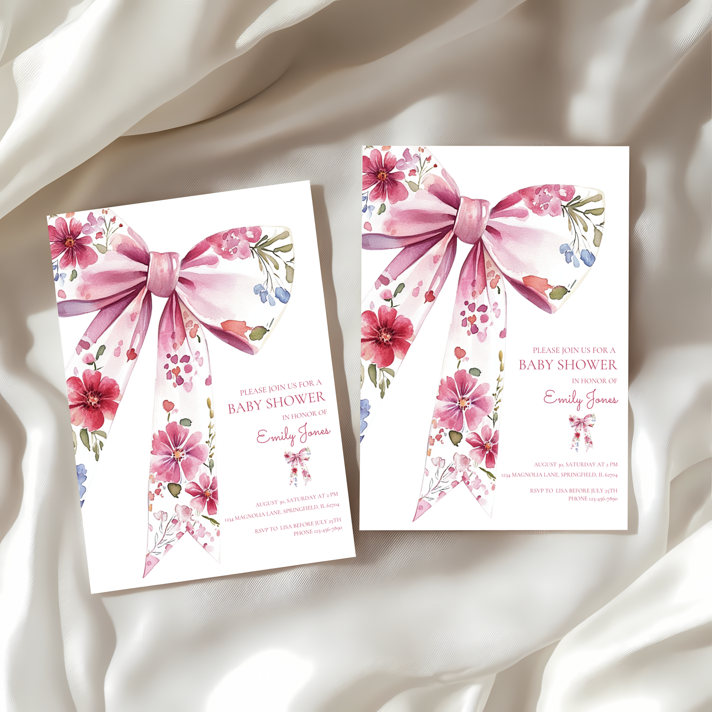 Baby Shower Invitation - Floral Bow Wildflower Watercolor Coquette BS78