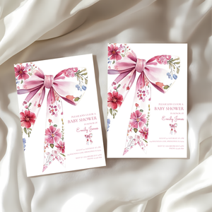 Baby Shower Invitation - Floral Bow Wildflower Watercolor Coquette BS78
