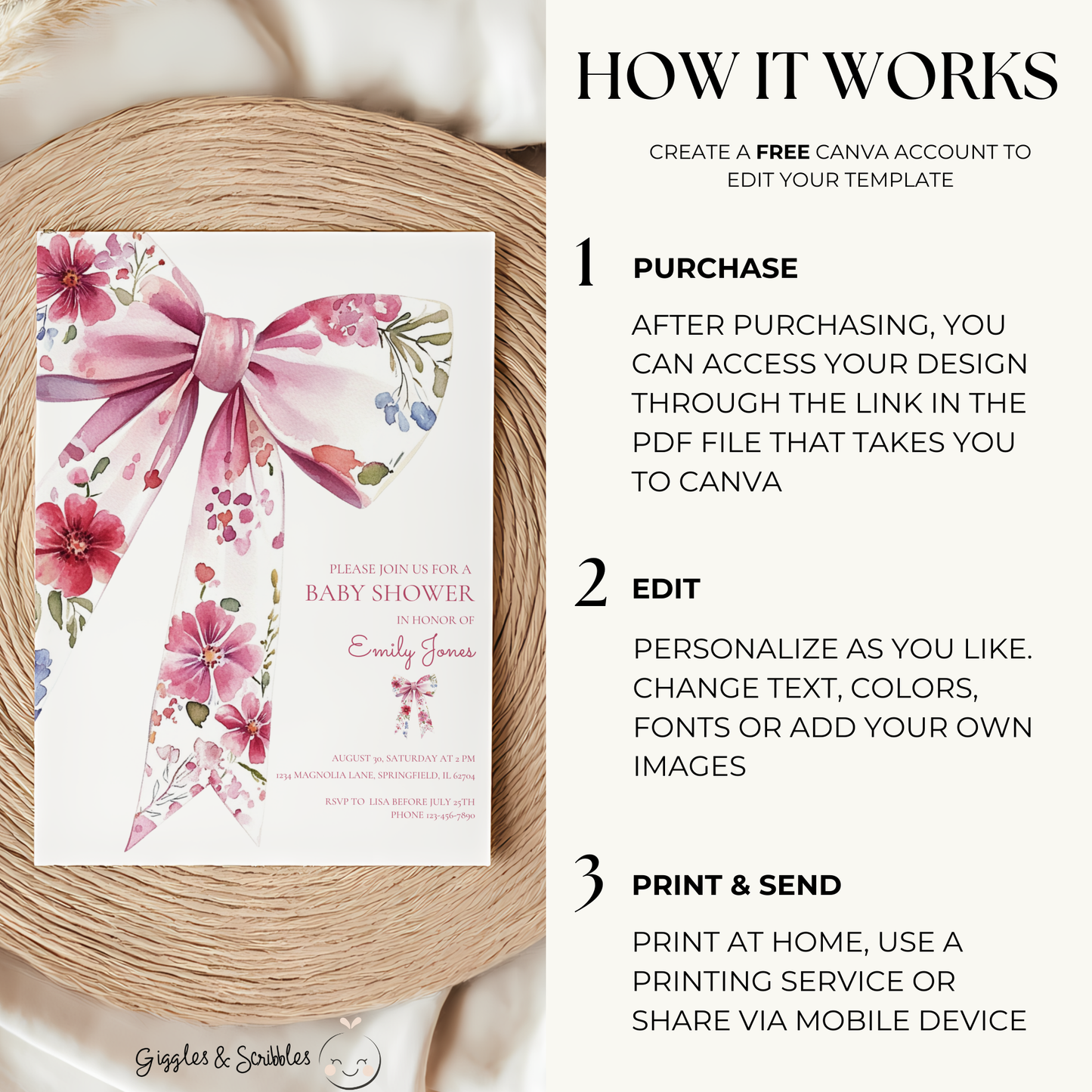 Baby Shower Invitation - Floral Bow Wildflower Watercolor Coquette BS78