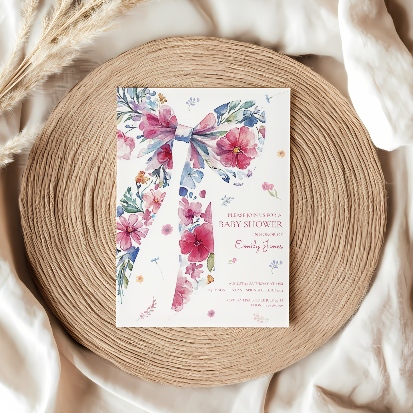 Baby Shower Invitation - Floral Bow with Wildflowers Watercolor BS79