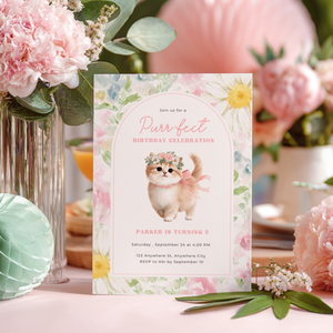 Floral Cat Birthday Party Invitation L130