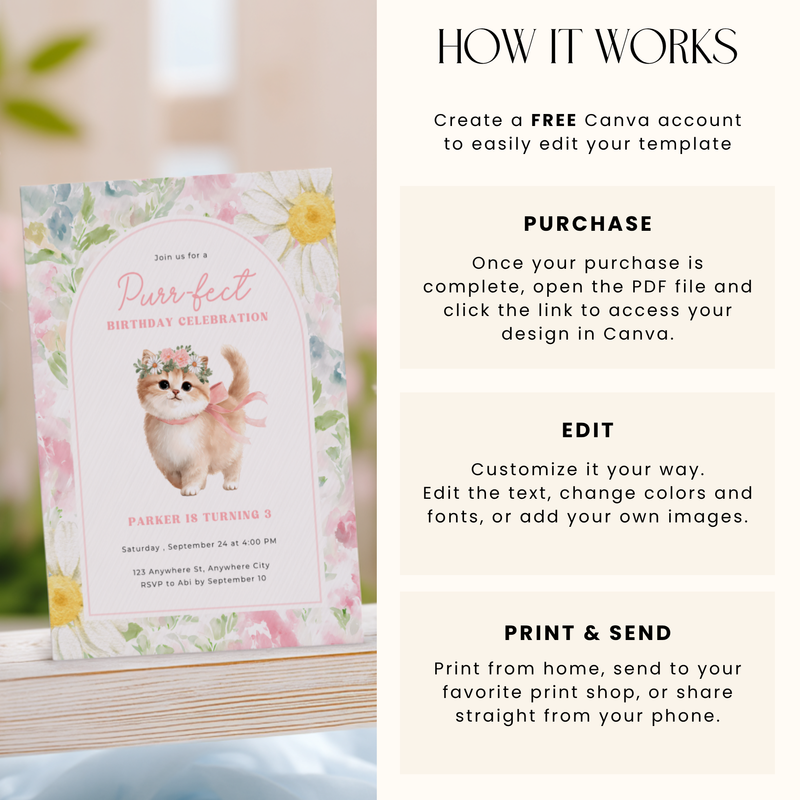 Floral Cat Birthday Party Invitation L130