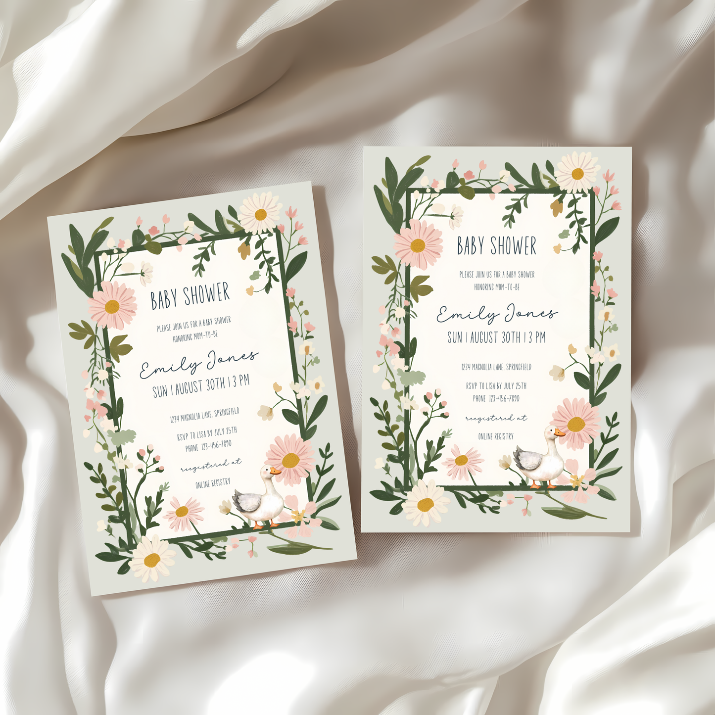 Baby Shower Invitation - Floral Goose Spring Daisies Vintage Green BS124