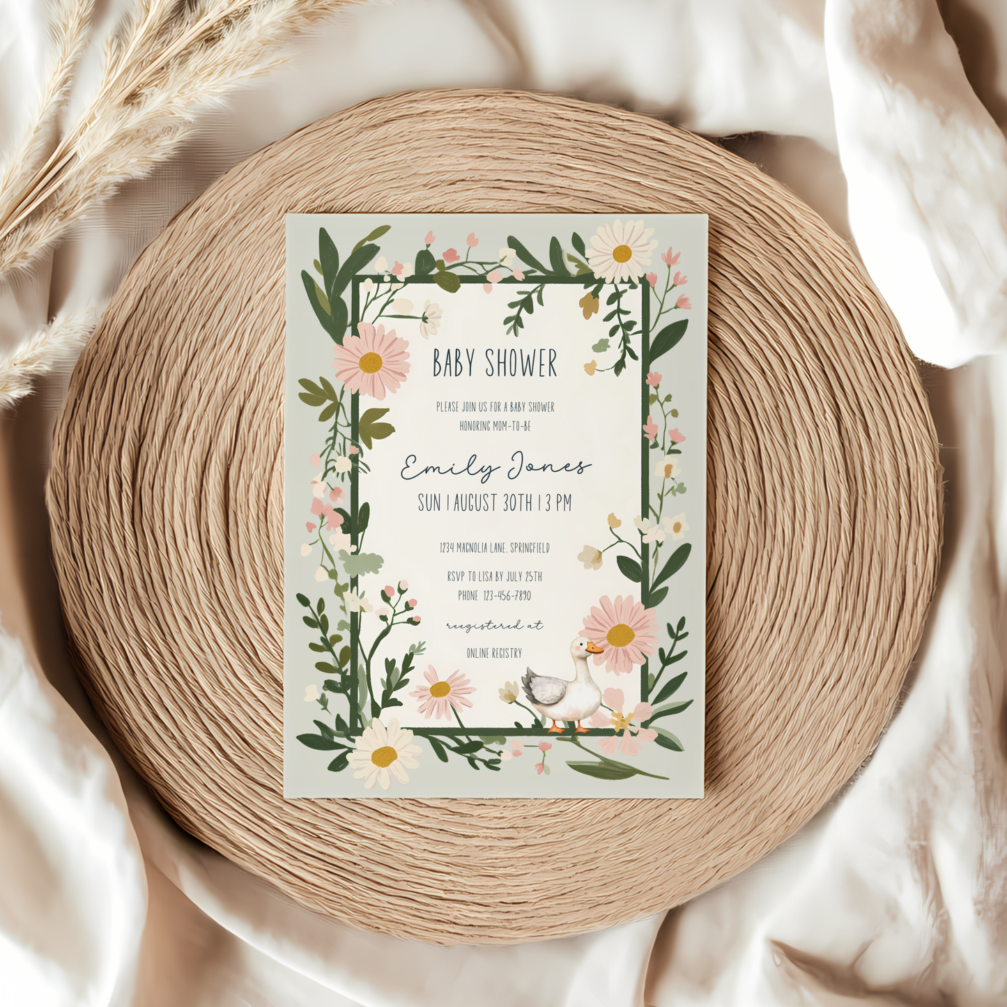 Baby Shower Invitation - Floral Goose Spring Daisies Vintage Green BS124