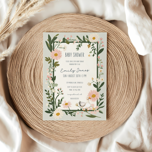 Baby Shower Invitation - Floral Goose Spring Daisies Vintage Green BS124