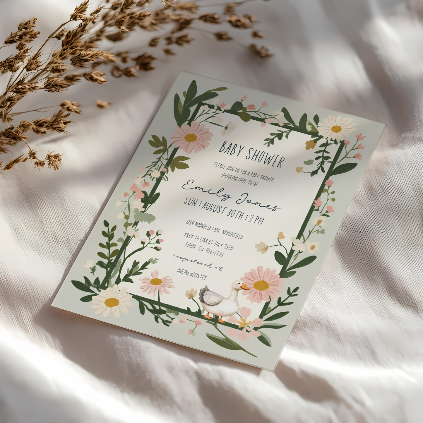 Baby Shower Invitation - Floral Goose Spring Daisies Vintage Green BS124