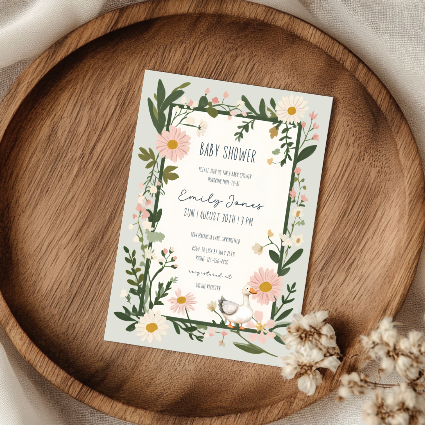 Baby Shower Invitation - Floral Goose Spring Daisies Vintage Green BS124
