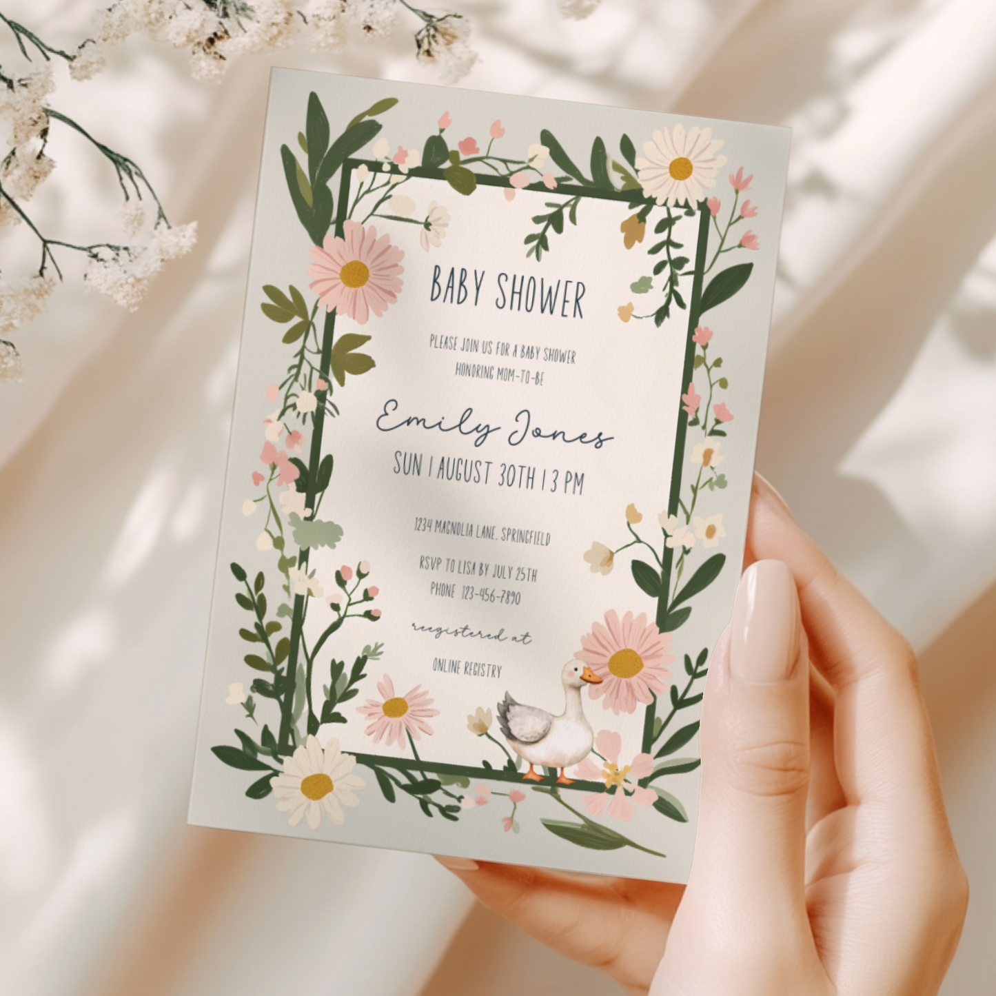 Baby Shower Invitation - Floral Goose Spring Daisies Vintage Green BS124
