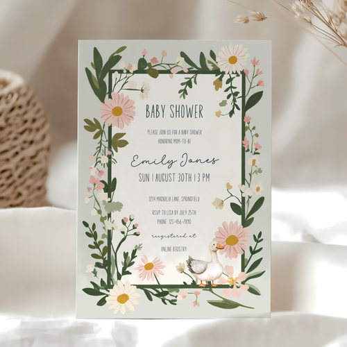 Baby Shower Invitation - Floral Goose Spring Daisies Vintage Green BS124