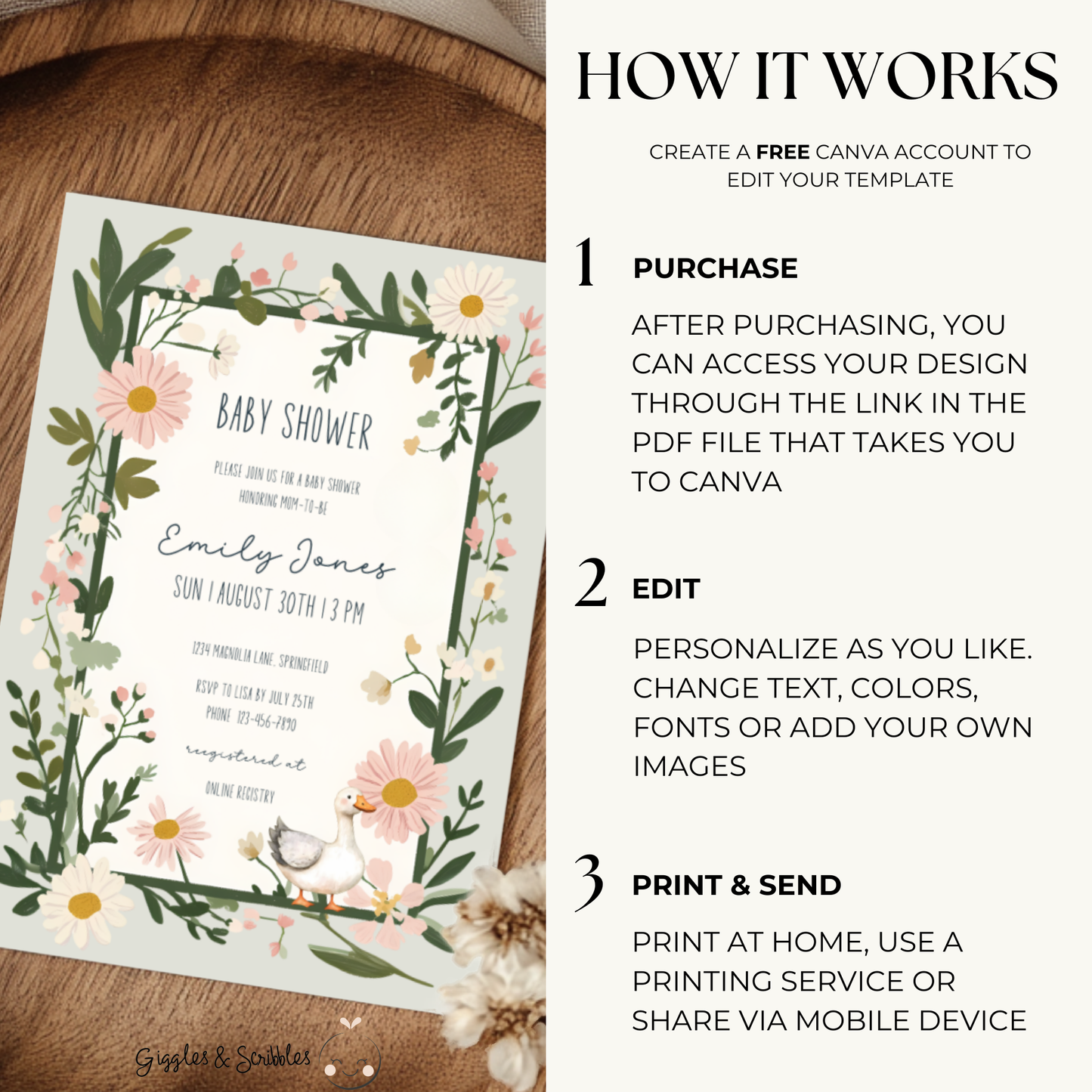 Baby Shower Invitation - Floral Goose Spring Daisies Vintage Green BS124