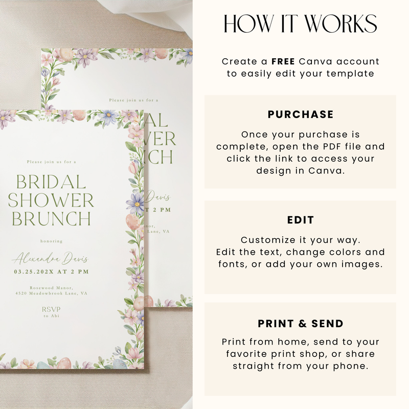 Easter Floral Spring Bridal Shower Brunch Invitation L106