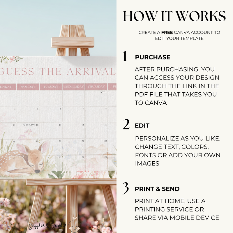 Floral Woodland Baby Shower Game Sign - Guess The Arrival Date BS188