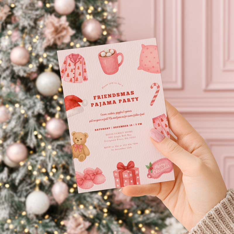 Friendsmas Pajama Party Invitation Template - Girls Movie Night Christmas Sleepover L32