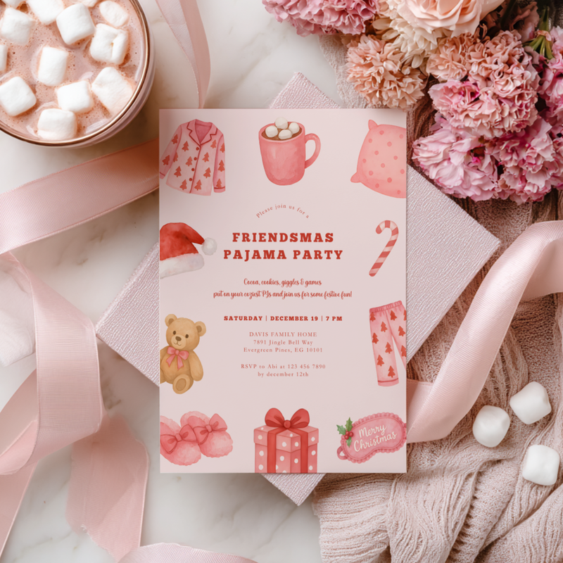 Friendsmas Pajama Party Invitation Template - Girls Movie Night Christmas Sleepover L32