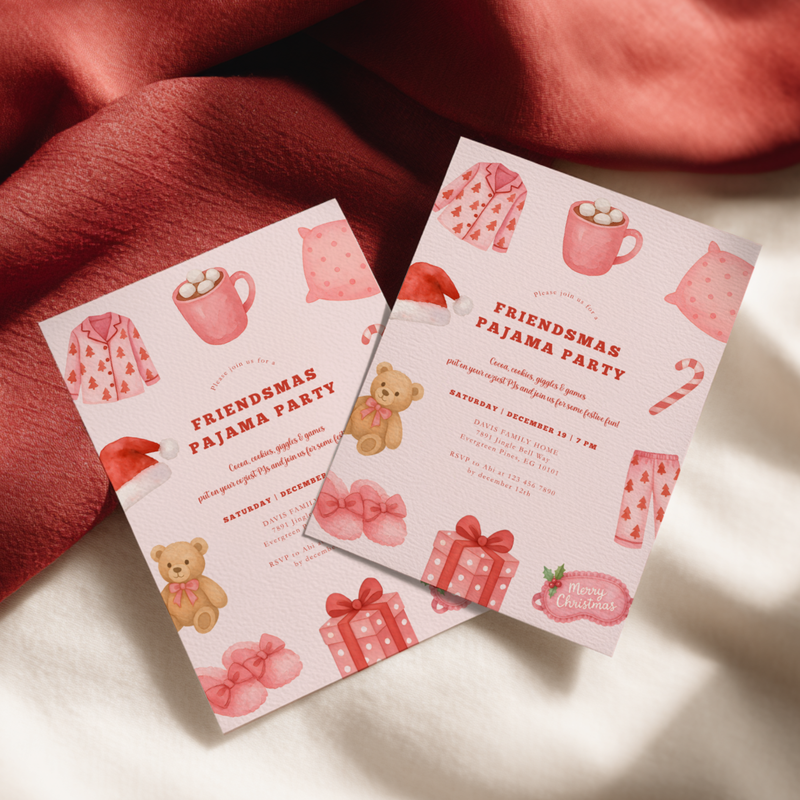 Friendsmas Pajama Party Invitation Template - Girls Movie Night Christmas Sleepover L32