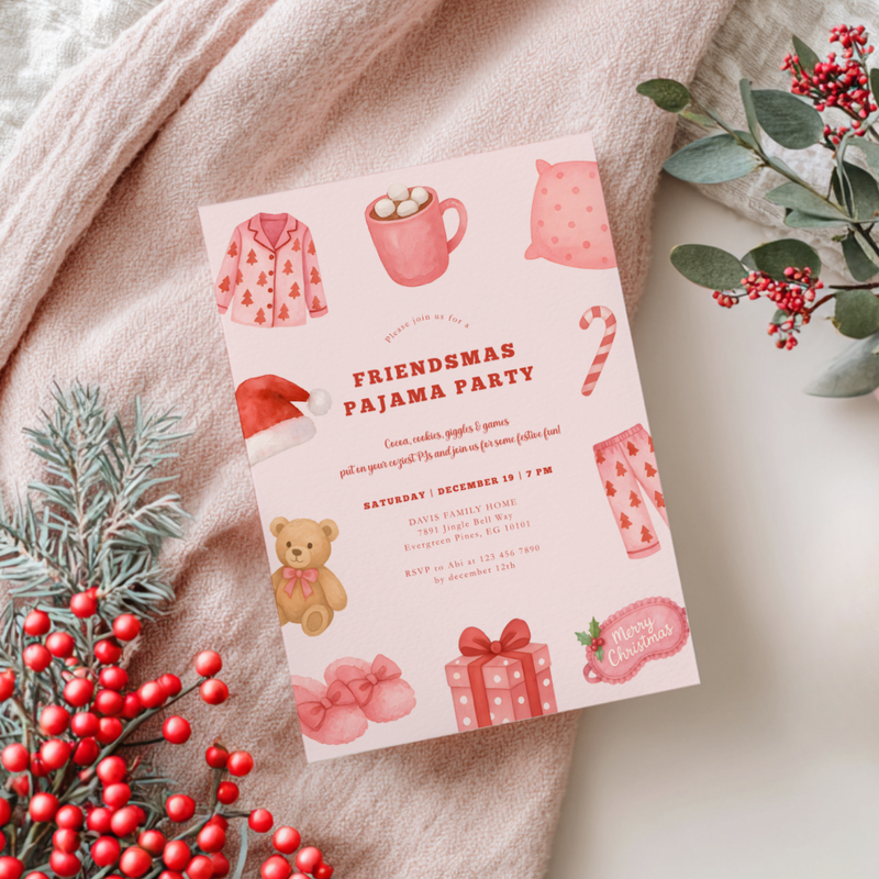 Friendsmas Pajama Party Invitation Template - Girls Movie Night Christmas Sleepover L32