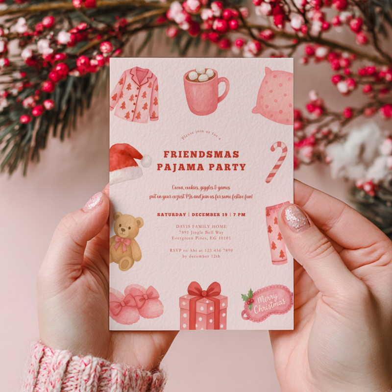 Friendsmas Pajama Party Invitation Template - Girls Movie Night Christmas Sleepover L32