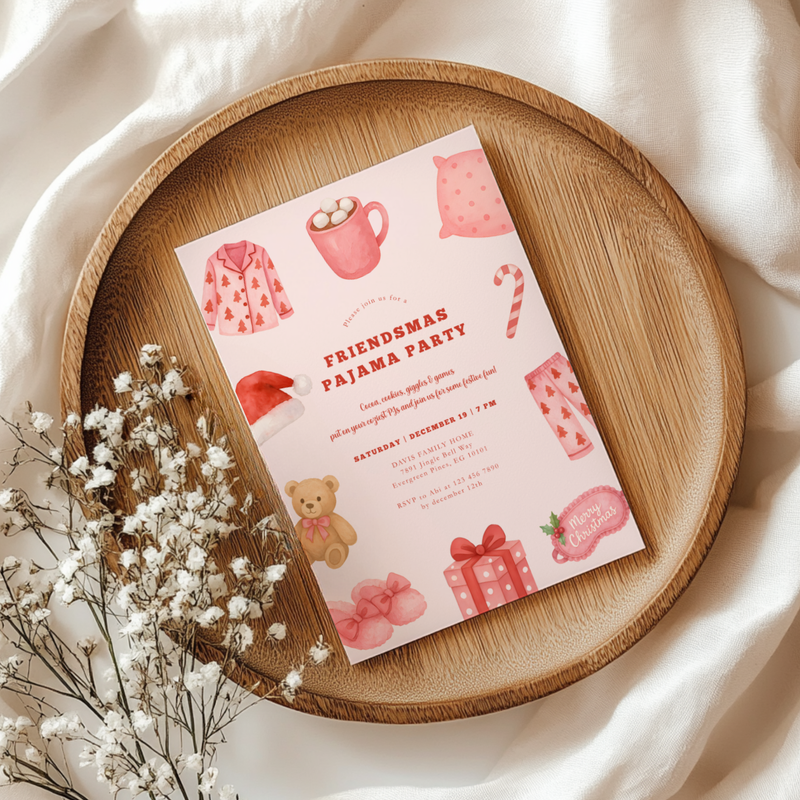 Friendsmas Pajama Party Invitation Template - Girls Movie Night Christmas Sleepover L32