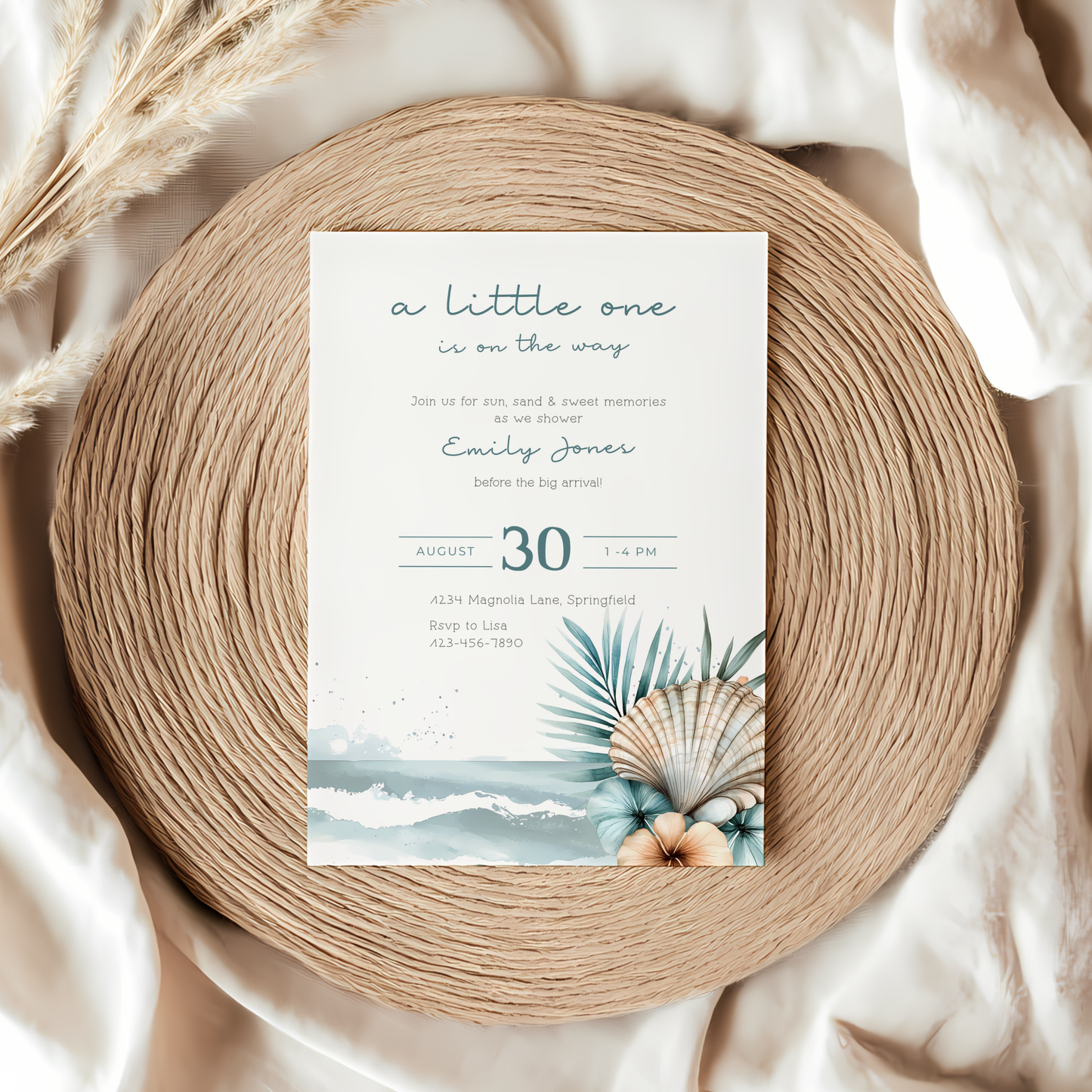 Baby Shower Invitation - Blue Ocean Beach Shell Palm Gender Neutral BS139