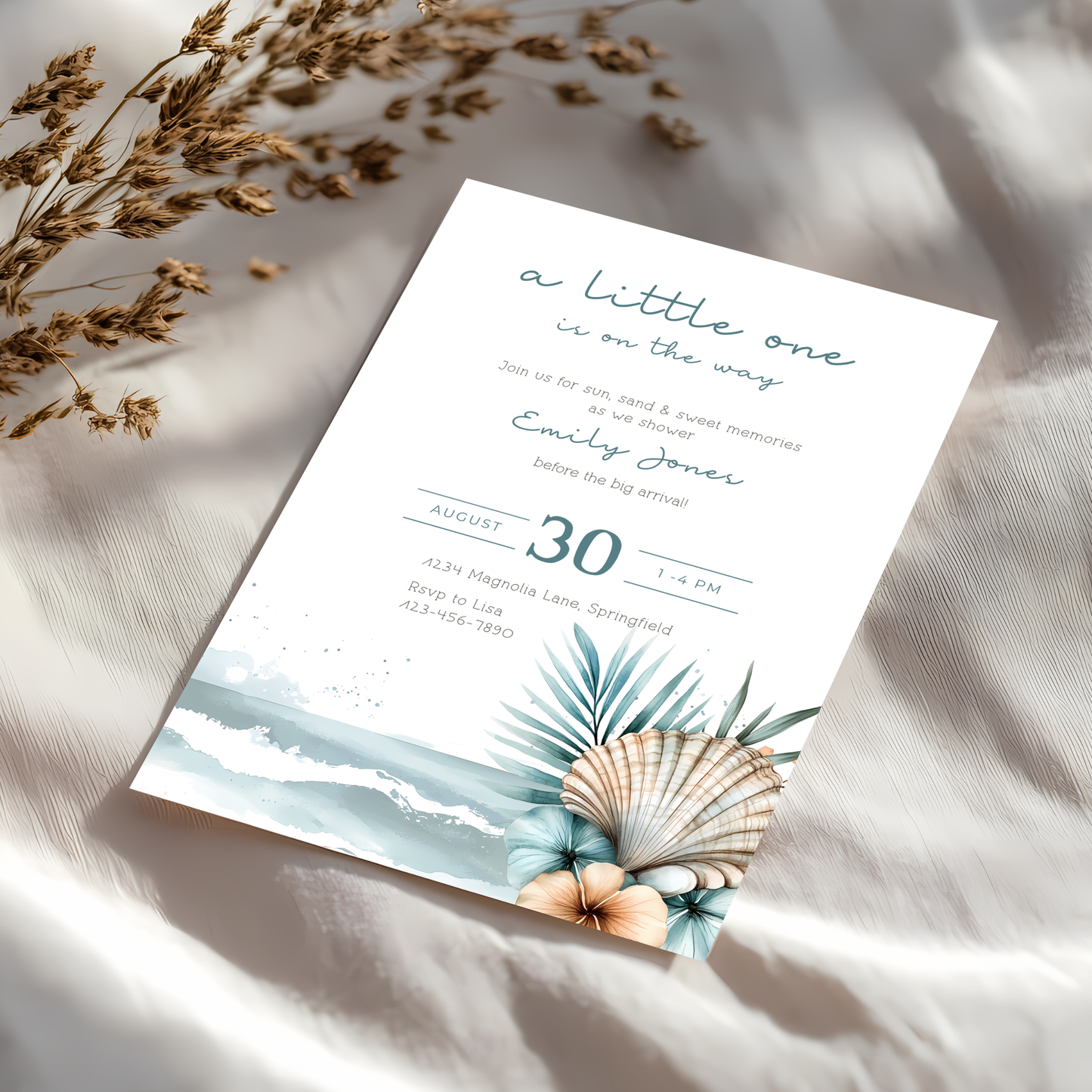 Baby Shower Invitation - Blue Ocean Beach Shell Palm Gender Neutral BS139