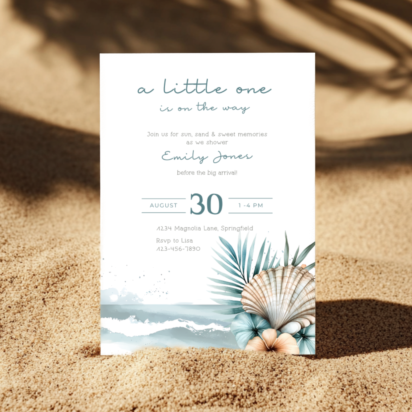Baby Shower Invitation - Blue Ocean Beach Shell Palm Gender Neutral BS139