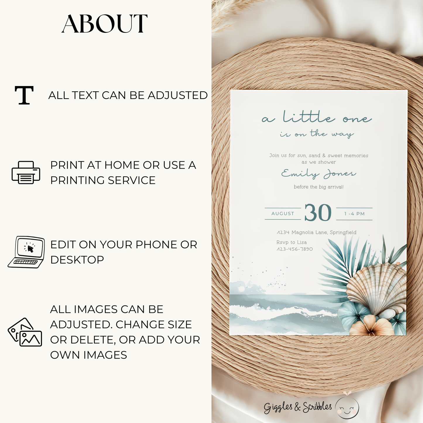 Baby Shower Invitation Bundle - Coastal Ocean Beach with Boho Shells and Palm BS139