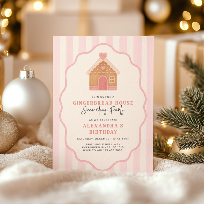 Pink Christmas Gingerbread House Birthday Party Invitation L54