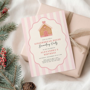 Pink Christmas Gingerbread House Birthday Party Invitation L54