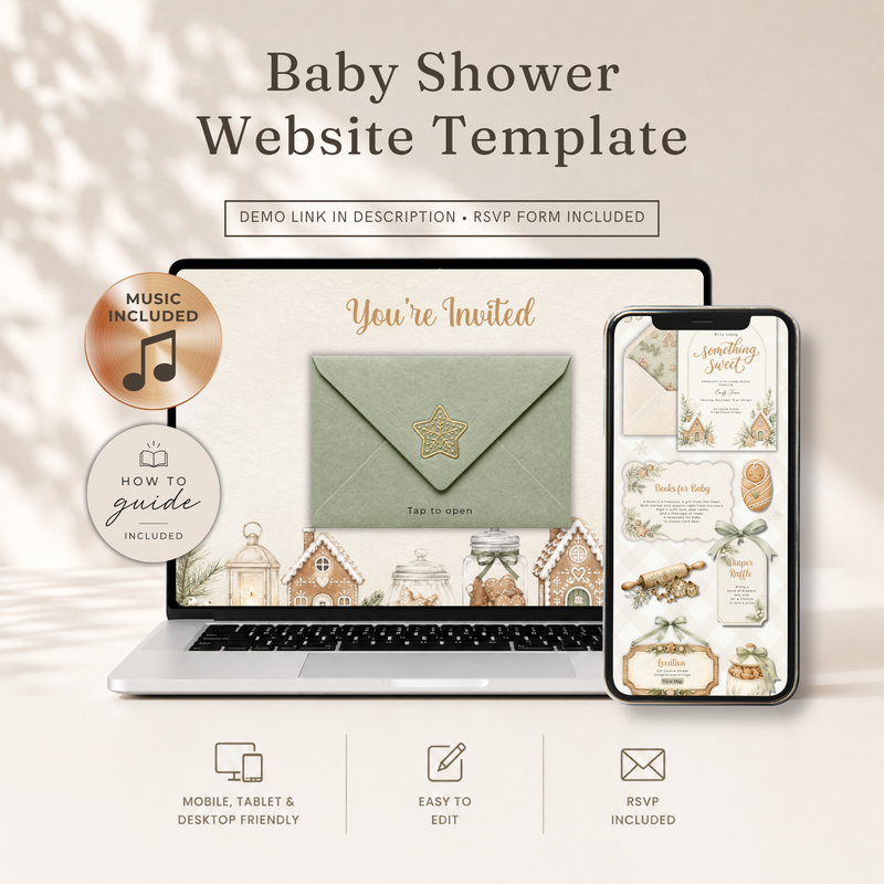 Sage Green Gingerbread Baby Shower Website Invitation with RSVP BS330
