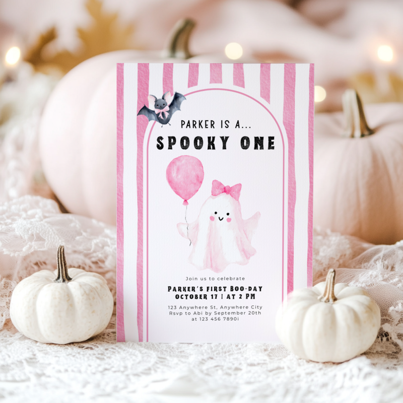Girl Halloween First Birthday Invitation Spooky One L41