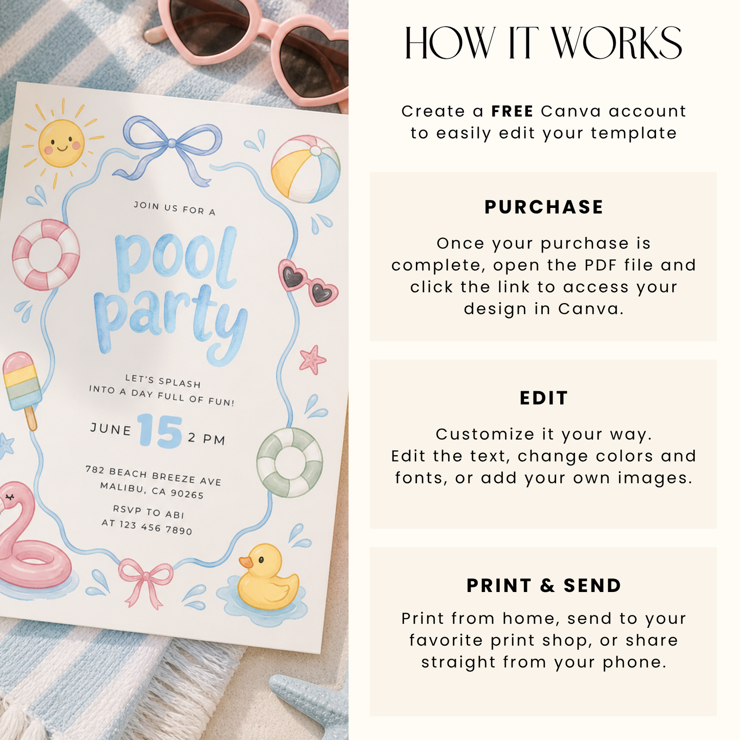 Girl Pool Party Invitation Pastel - Kids Summer Birthday L137
