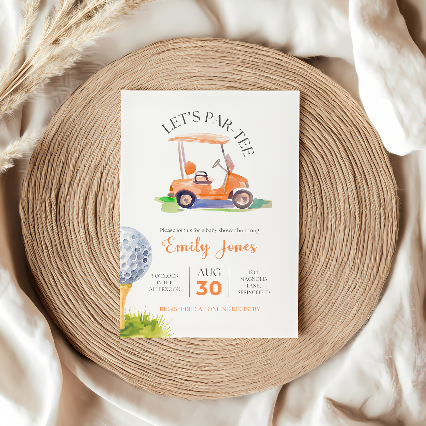 Baby Shower Invitation - Orange Golf Cart Let's Par-Tee Little Putter BS165