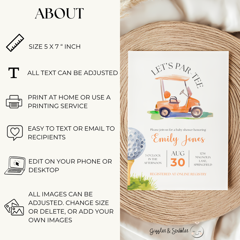 Baby Shower Invitation - Orange Golf Cart Let's Par-Tee Little Putter BS165