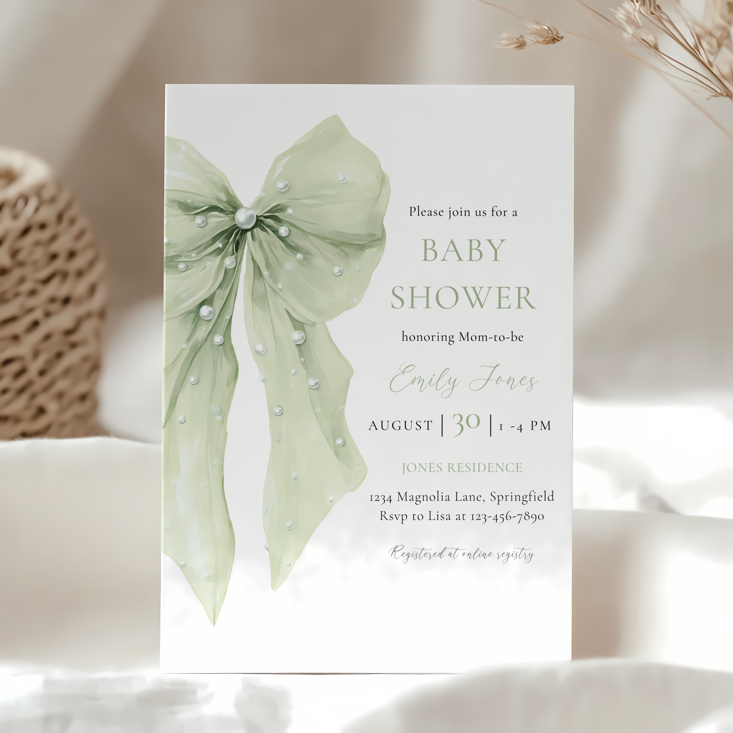 Baby Shower Invitation Bundle - Sage Green Coquette Bow with Pearls BS164