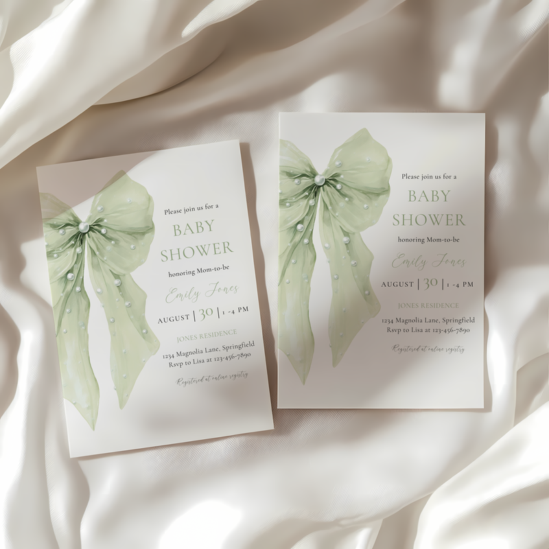 Baby Shower Invitation Bundle - Sage Green Coquette Bow with Pearls BS164