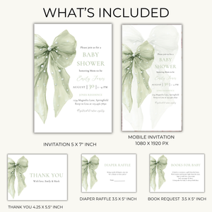 Baby Shower Invitation Bundle - Sage Green Coquette Bow with Pearls BS164