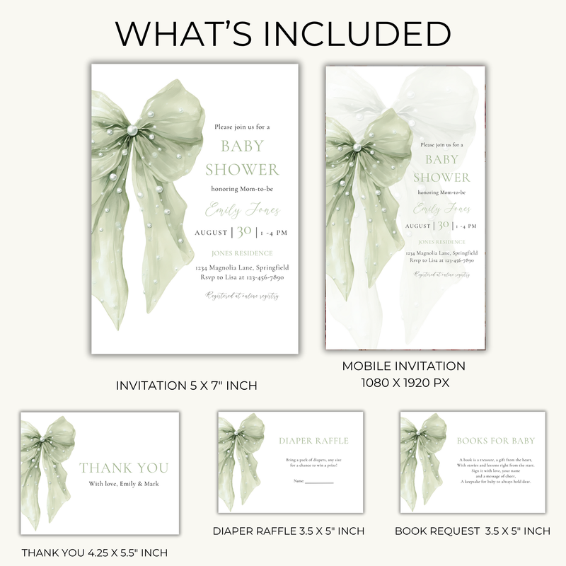 Baby Shower Invitation Bundle - Sage Green Coquette Bow with Pearls BS164