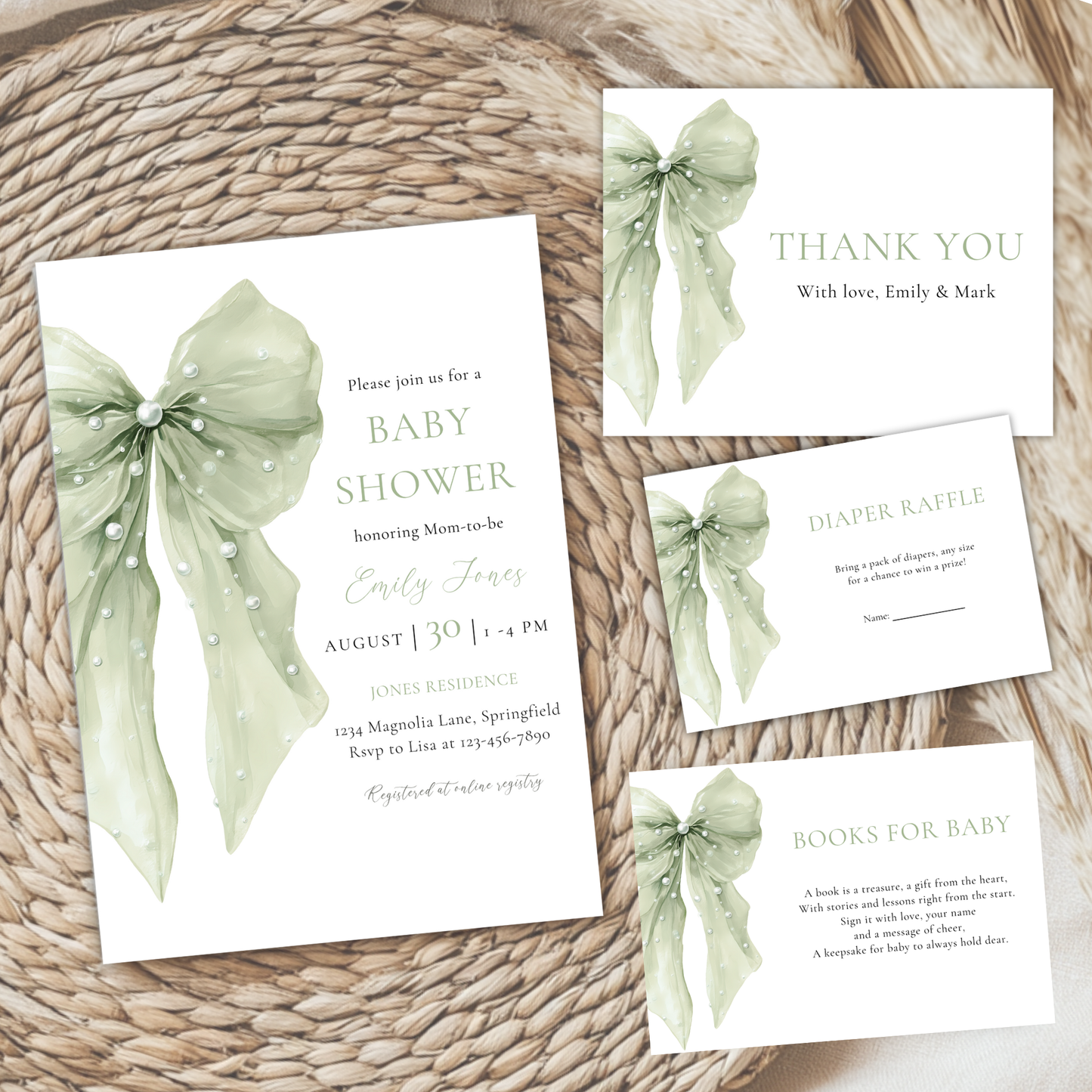 Baby Shower Invitation Bundle - Sage Green Coquette Bow with Pearls BS164
