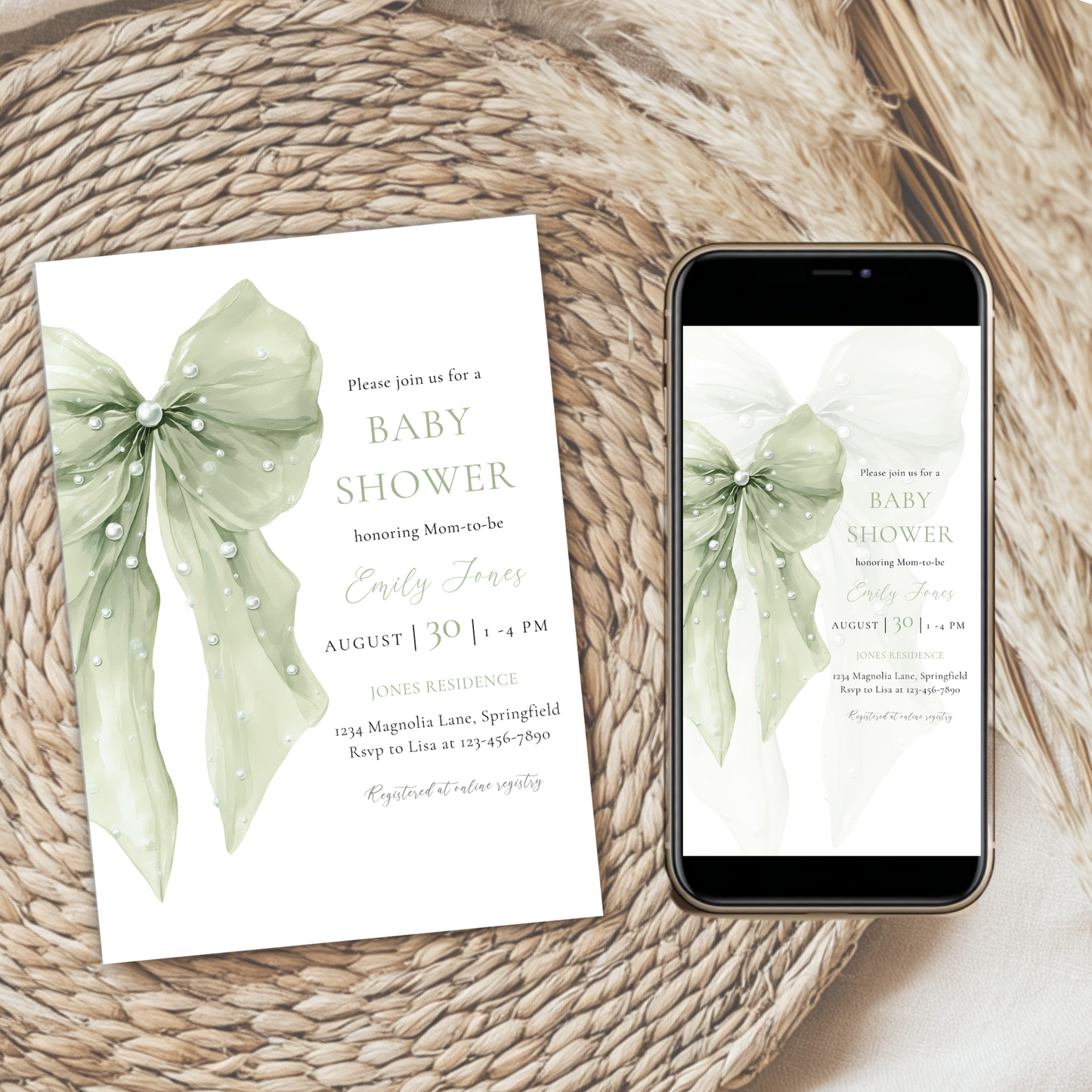 Baby Shower Invitation Bundle - Sage Green Coquette Bow with Pearls BS164