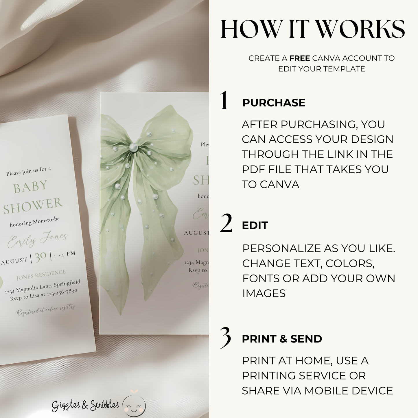 Baby Shower Invitation Bundle - Sage Green Coquette Bow with Pearls BS164