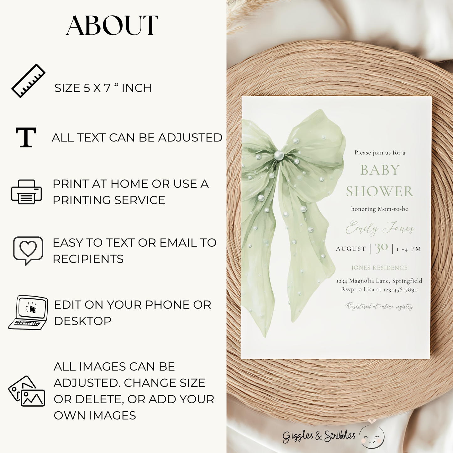 Baby Shower Invitation Bundle - Sage Green Coquette Bow with Pearls BS164