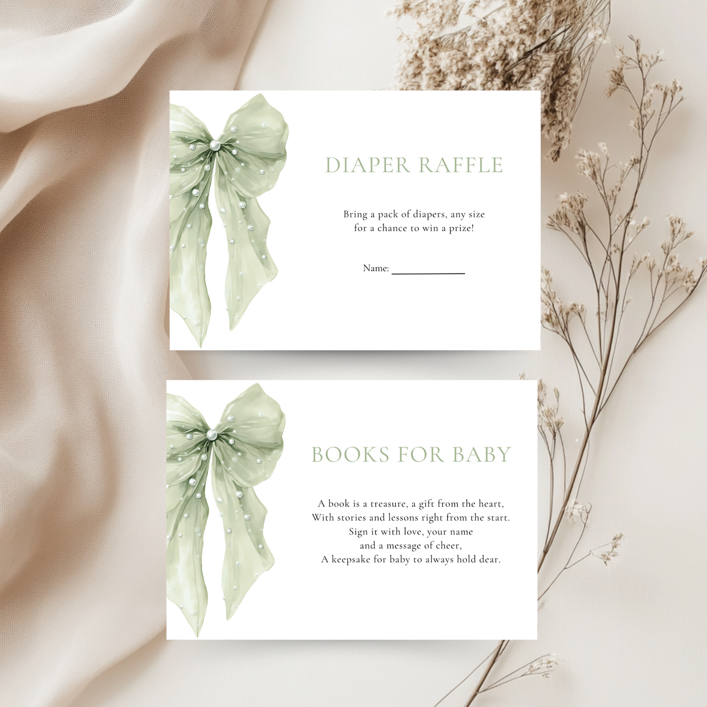 Baby Shower Invitation Bundle - Sage Green Coquette Bow with Pearls BS164