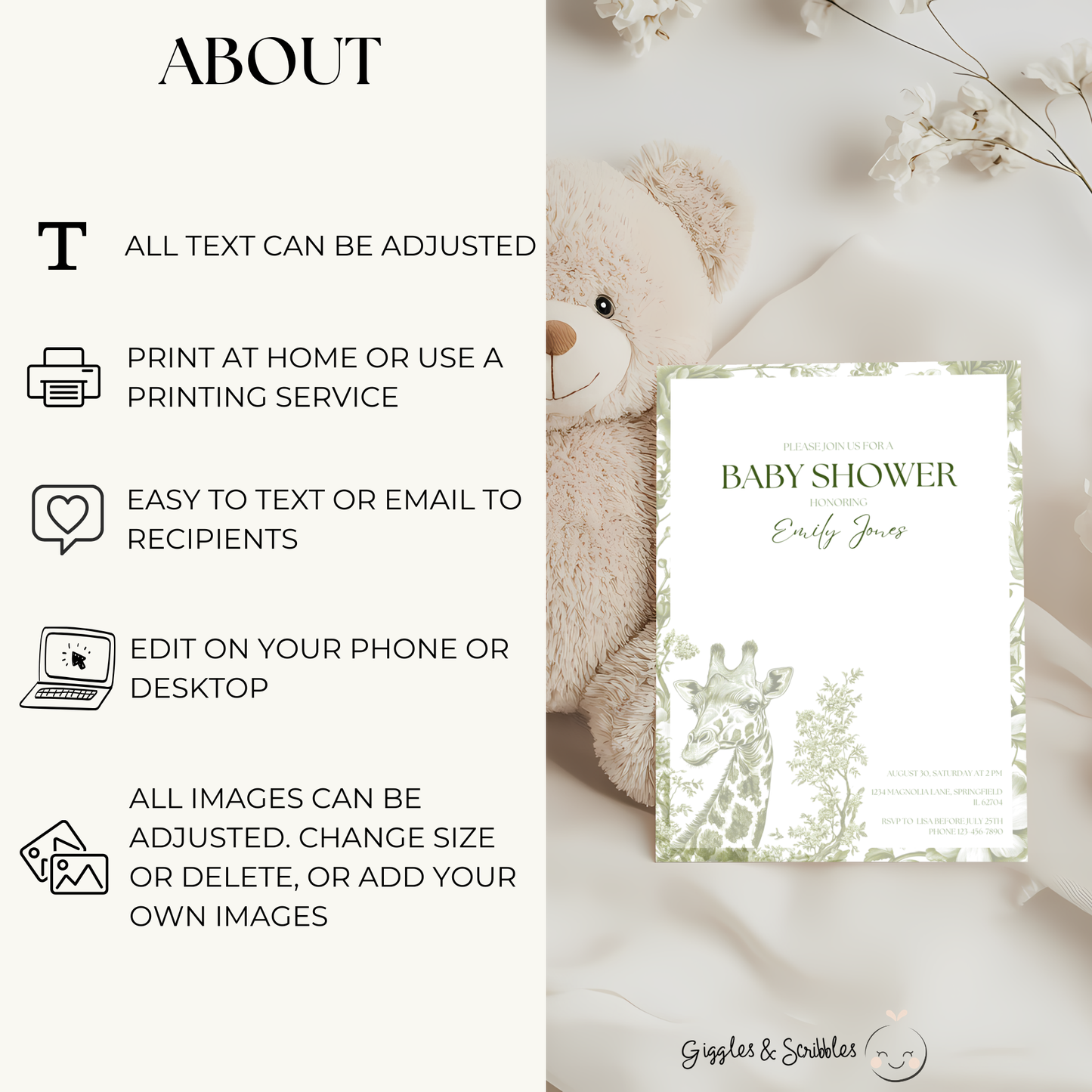 Baby Shower Invitation Bundle - Green Safari Chinoiserie Giraffe BS21