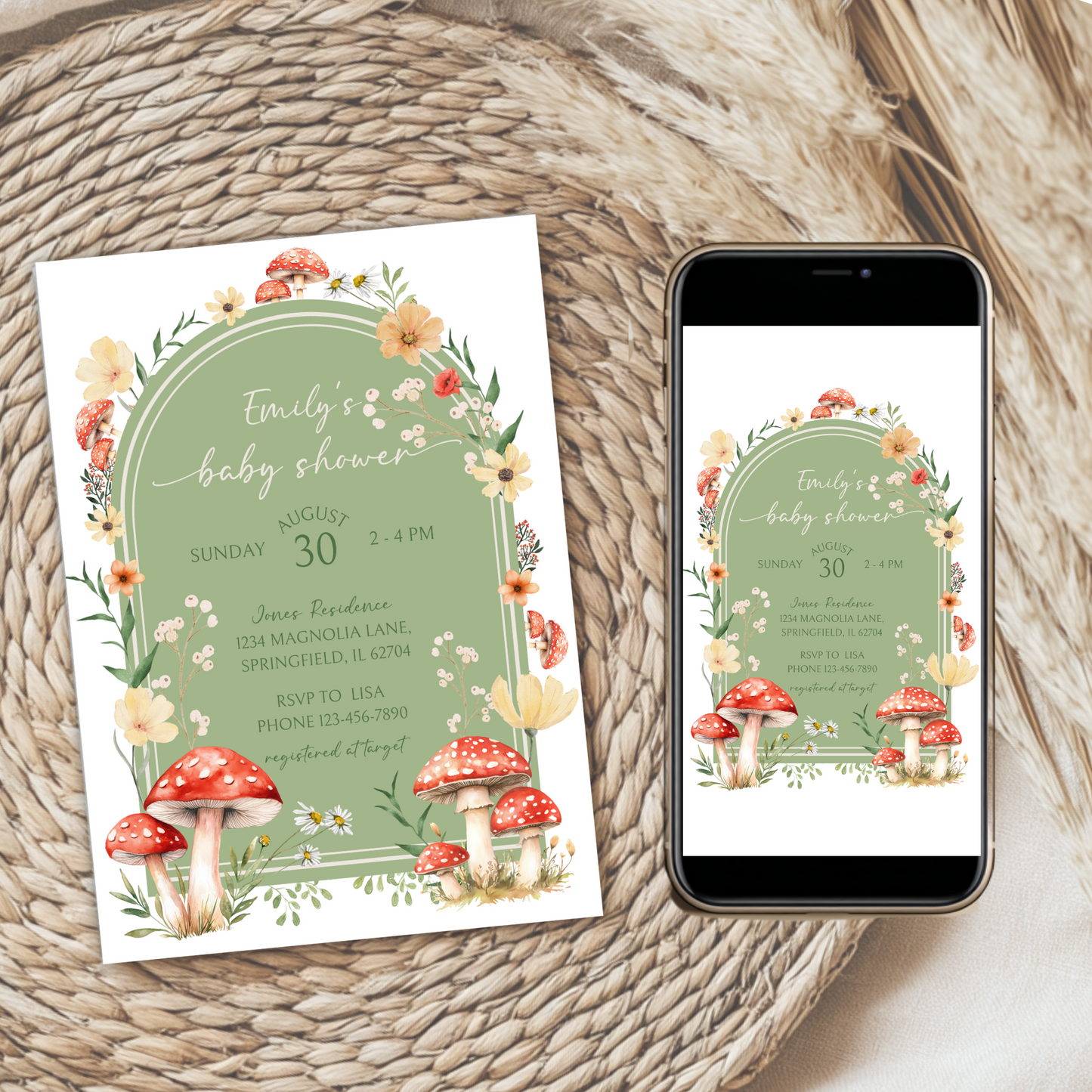 Baby Shower Invitation Bundle - Little Fungi On The Way Green Red Mushroom BS82