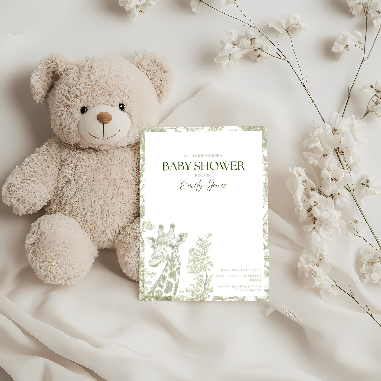 Baby Shower Invitation - Green Safari Chinoiserie Giraffe BS21