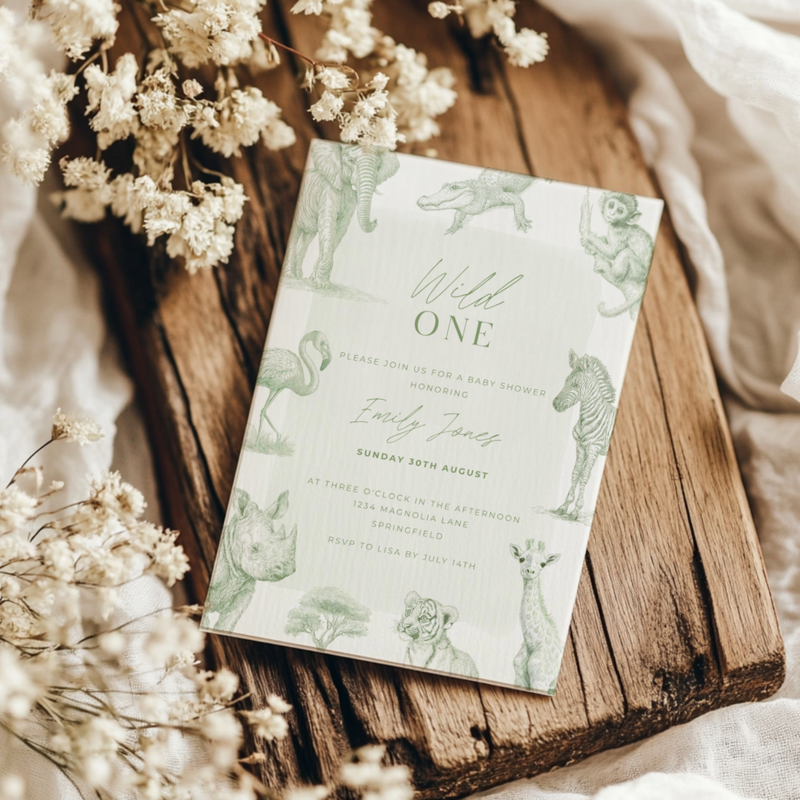 Baby Shower Invitation - Green Toile Safari with Animals Elephant Rhino Giraffe BS186